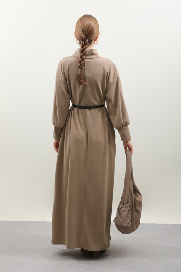 Boğazlı Fitilli Triko Elbise Koyu Vizon - 12