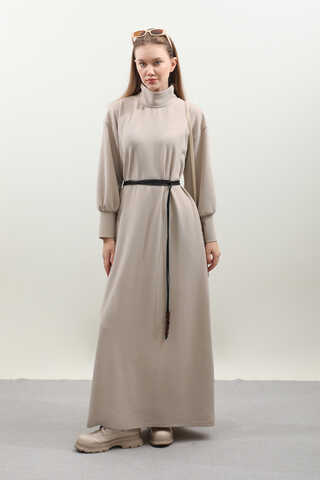 Boğazlı Fitilli Triko Elbise Krem - 1