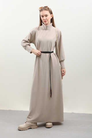 Boğazlı Fitilli Triko Elbise Krem - 5