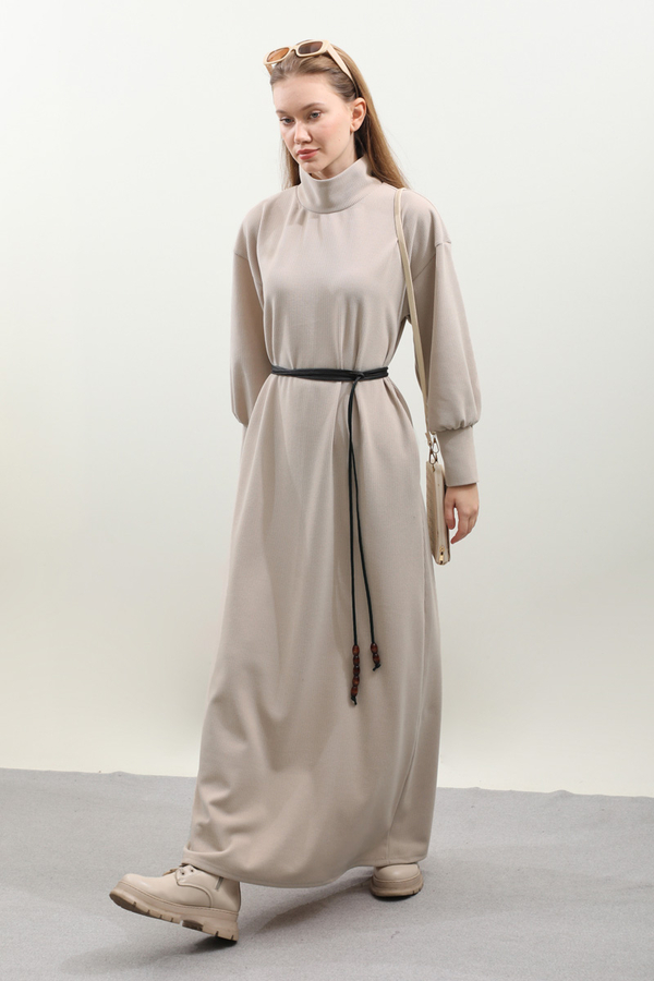 Boğazlı Fitilli Triko Elbise Krem - 6