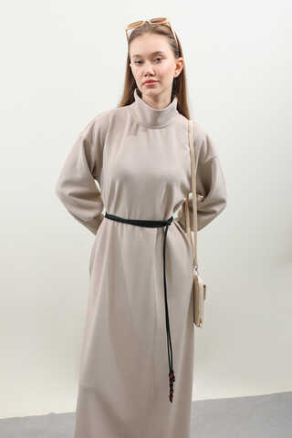 Boğazlı Fitilli Triko Elbise Krem - 7