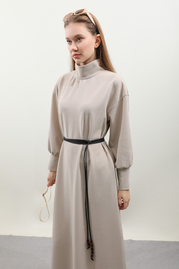 Boğazlı Fitilli Triko Elbise Krem - 8