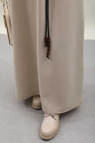 Boğazlı Fitilli Triko Elbise Krem - 9