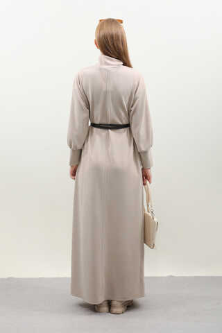 Boğazlı Fitilli Triko Elbise Krem - 11