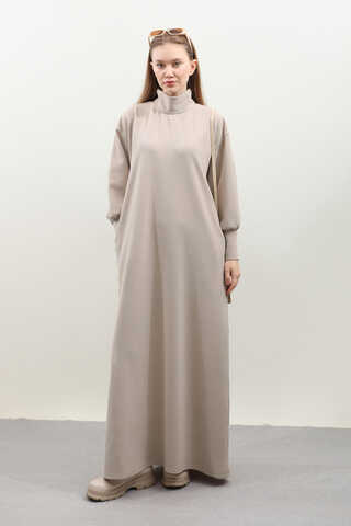 Boğazlı Fitilli Triko Elbise Krem - 2