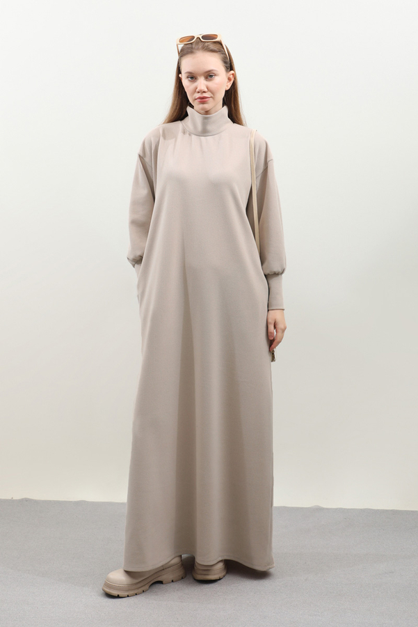 Boğazlı Fitilli Triko Elbise Krem - 2