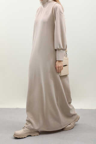 Boğazlı Fitilli Triko Elbise Krem - 3