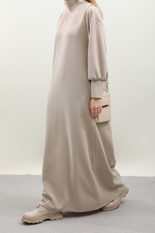 Boğazlı Fitilli Triko Elbise Krem - 3