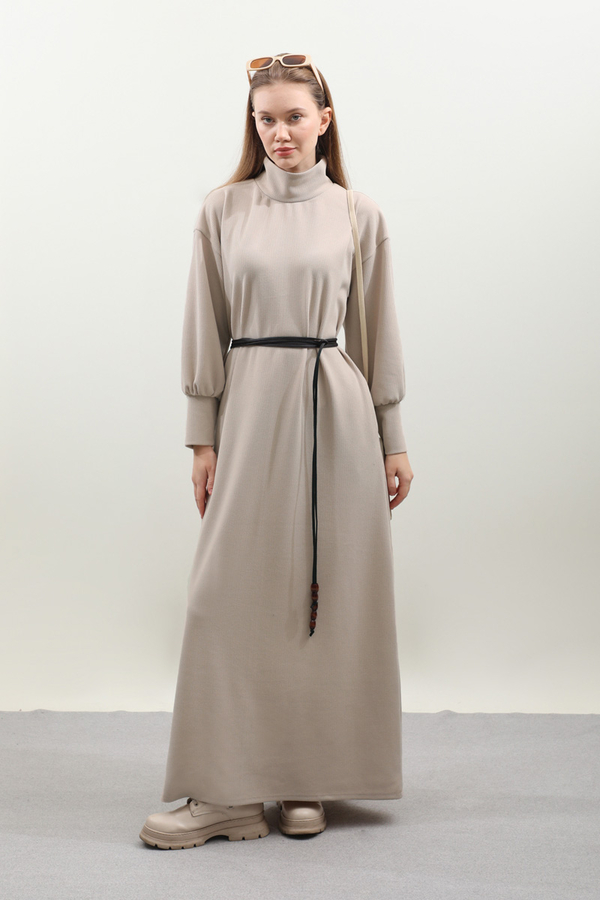 Boğazlı Fitilli Triko Elbise Krem - 1