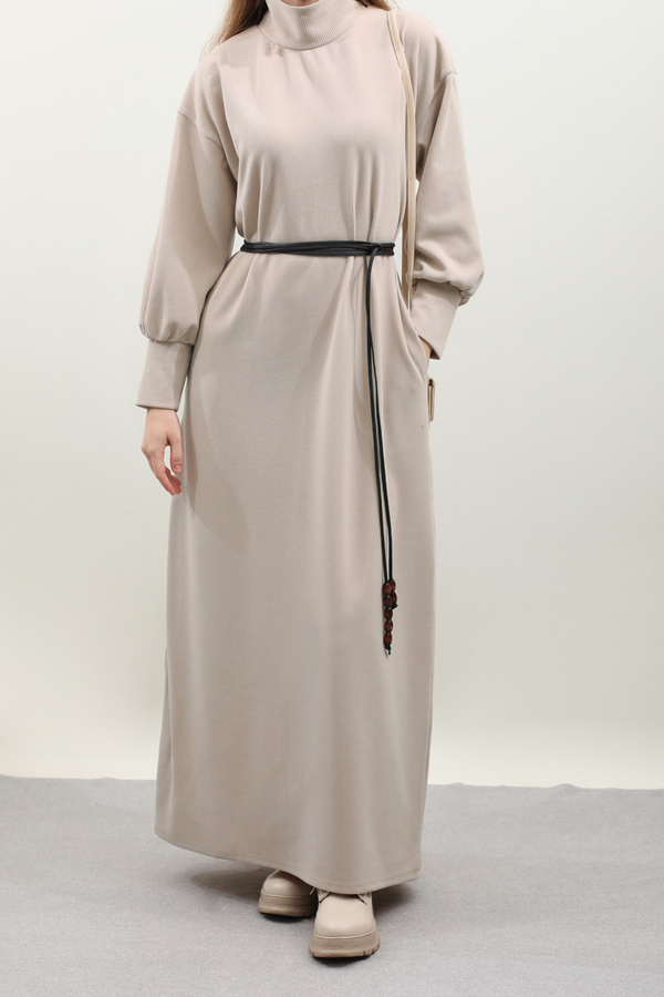 Boğazlı Fitilli Triko Elbise Krem - 4