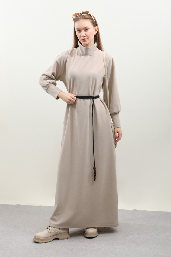 Boğazlı Fitilli Triko Elbise Krem - 5