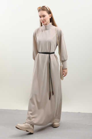 Boğazlı Fitilli Triko Elbise Krem - 6