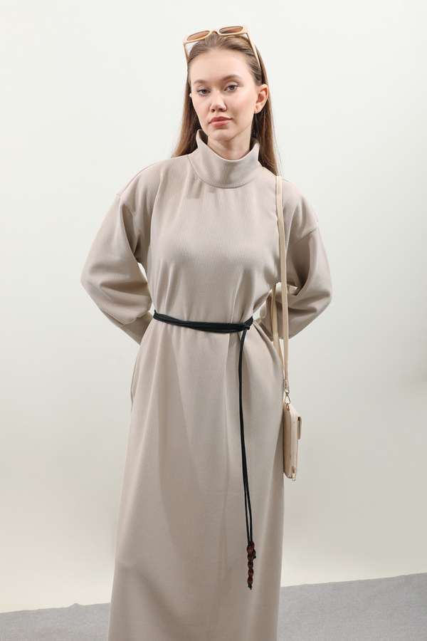 Boğazlı Fitilli Triko Elbise Krem - 7