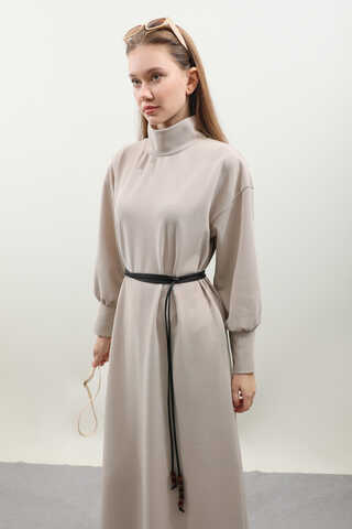 Boğazlı Fitilli Triko Elbise Krem - 8