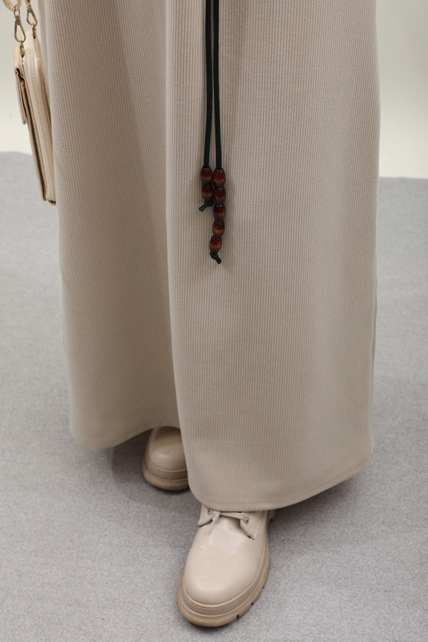 Boğazlı Fitilli Triko Elbise Krem - 9