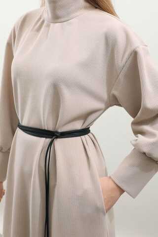 Boğazlı Fitilli Triko Elbise Krem - 10