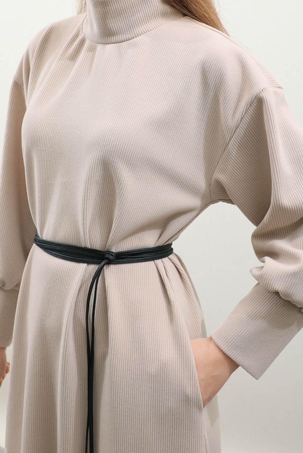 Boğazlı Fitilli Triko Elbise Krem - 10