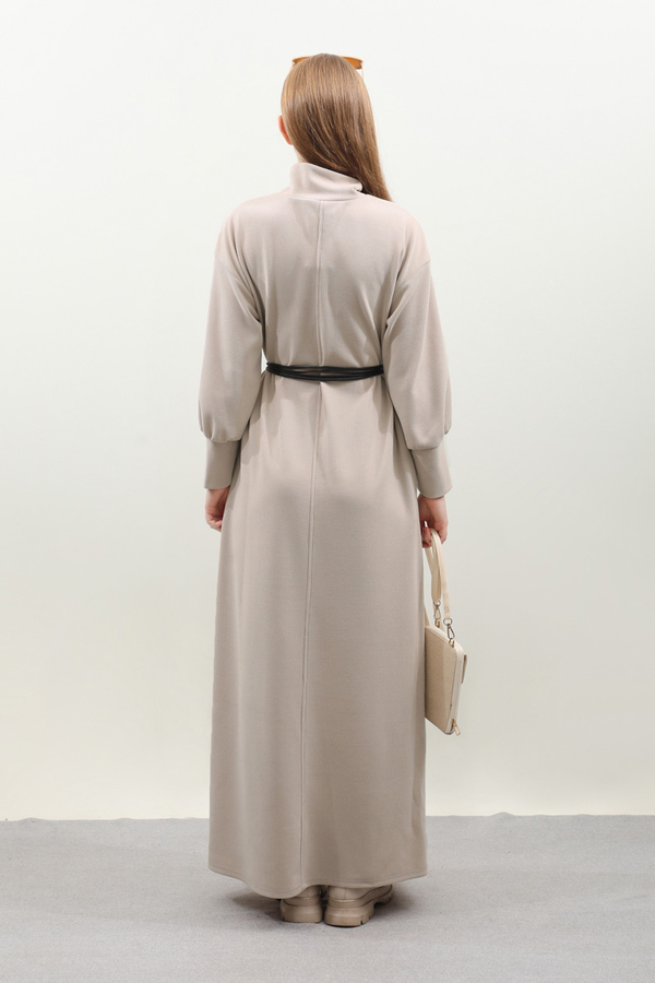 Boğazlı Fitilli Triko Elbise Krem - 11