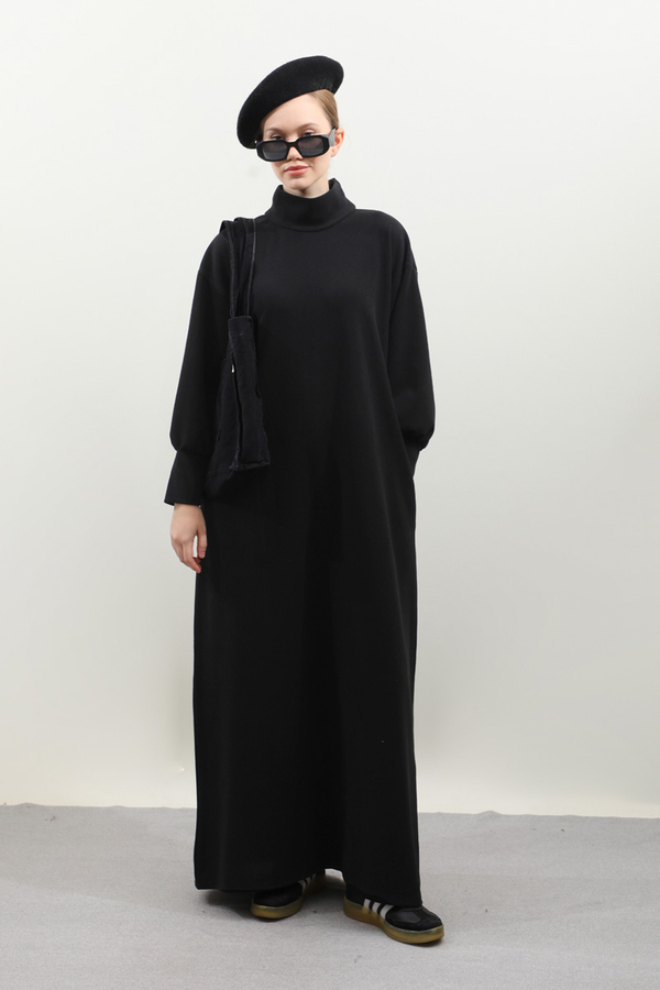 Boğazlı Fitilli Triko Elbise Siyah - 2