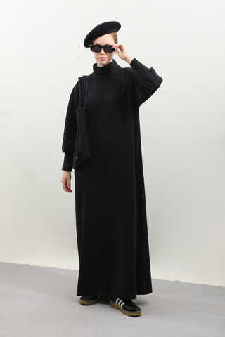 Boğazlı Fitilli Triko Elbise Siyah - 1