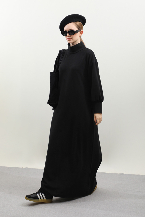 Boğazlı Fitilli Triko Elbise Siyah - 3