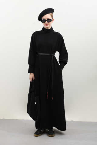 Boğazlı Fitilli Triko Elbise Siyah - 4