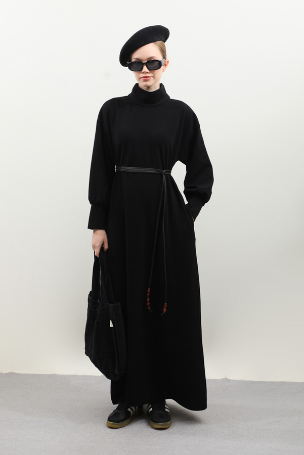 Boğazlı Fitilli Triko Elbise Siyah - 4