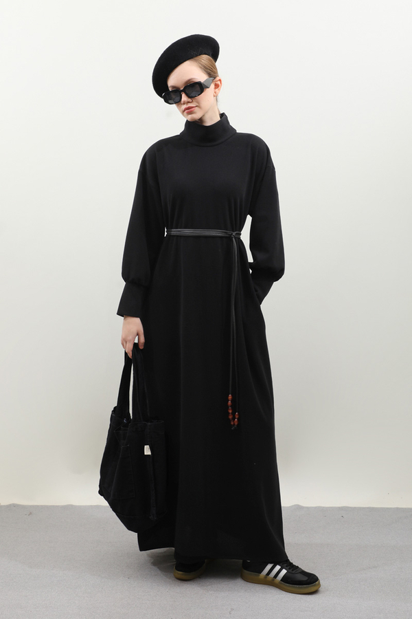 Boğazlı Fitilli Triko Elbise Siyah - 5