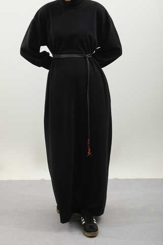 Boğazlı Fitilli Triko Elbise Siyah - 7