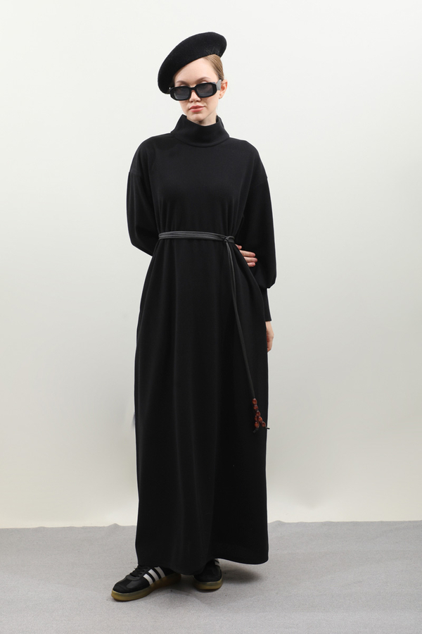 Boğazlı Fitilli Triko Elbise Siyah - 10