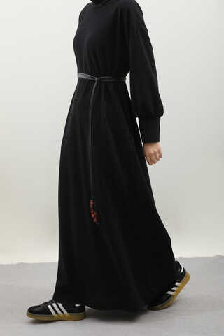 Boğazlı Fitilli Triko Elbise Siyah - 11