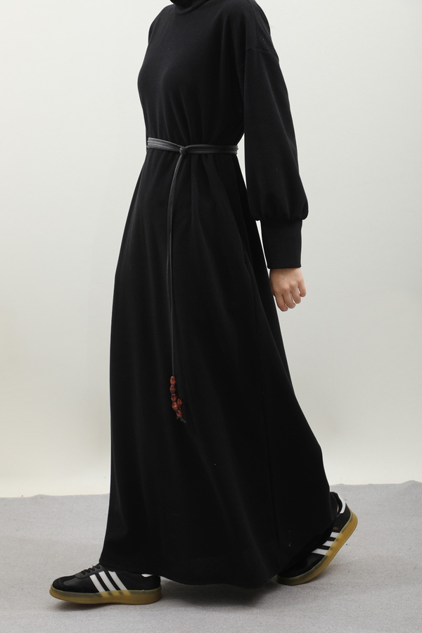 Boğazlı Fitilli Triko Elbise Siyah - 11