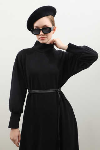 Boğazlı Fitilli Triko Elbise Siyah - 12