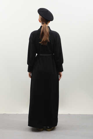 Boğazlı Fitilli Triko Elbise Siyah - 15