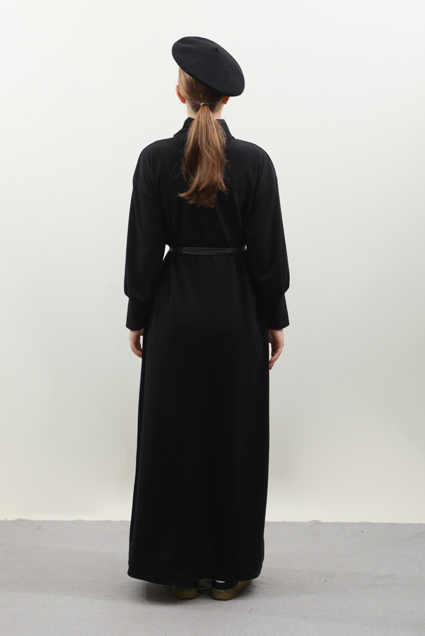 Boğazlı Fitilli Triko Elbise Siyah - 15