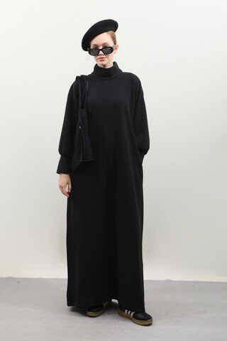 Boğazlı Fitilli Triko Elbise Siyah - 2