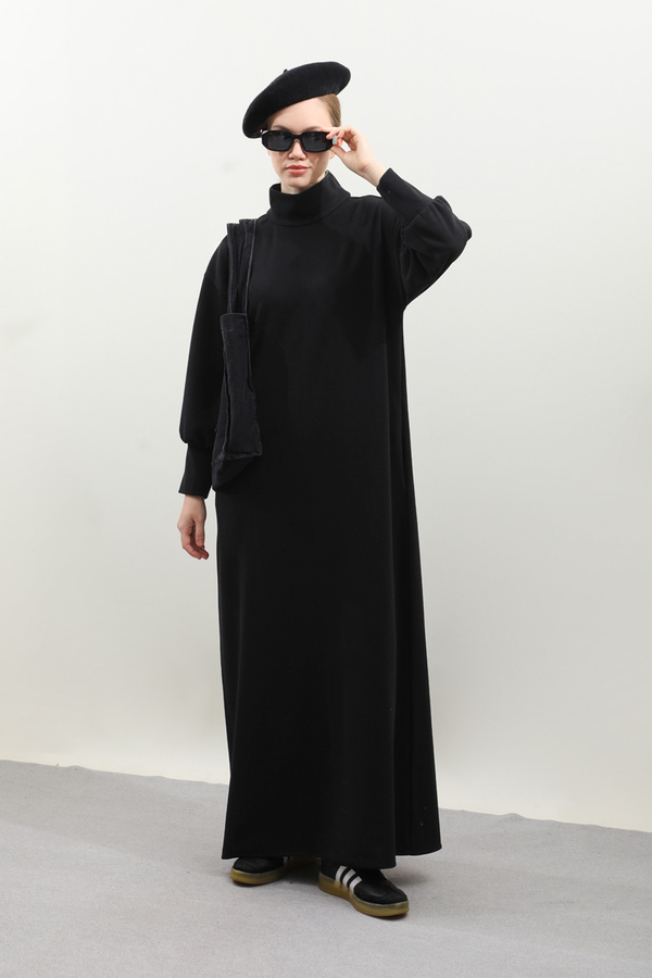 Boğazlı Fitilli Triko Elbise Siyah - 1