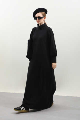 Boğazlı Fitilli Triko Elbise Siyah - 3