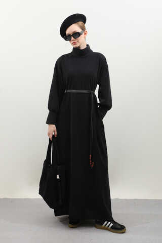 Boğazlı Fitilli Triko Elbise Siyah - 5