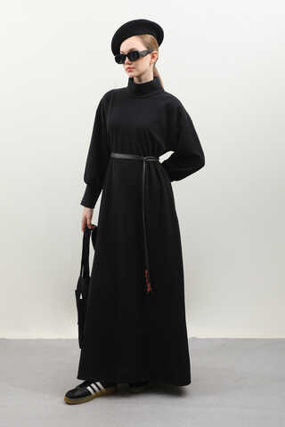 Boğazlı Fitilli Triko Elbise Siyah - 6