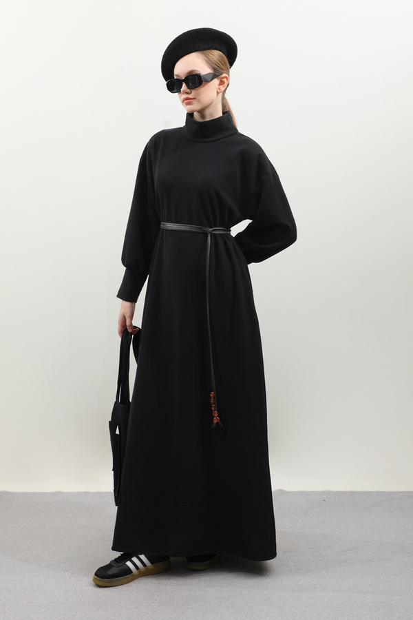 Boğazlı Fitilli Triko Elbise Siyah - 6