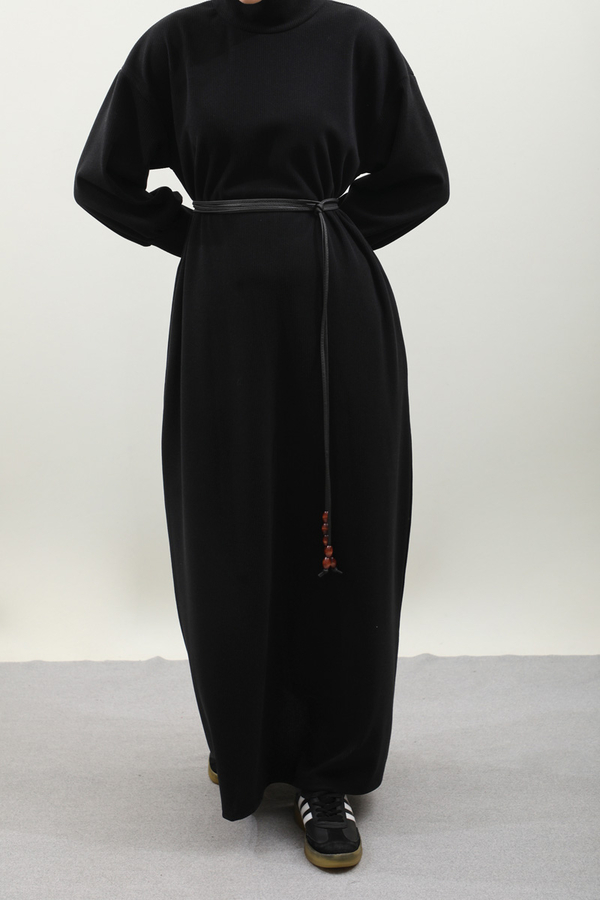 Boğazlı Fitilli Triko Elbise Siyah - 7