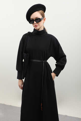 Boğazlı Fitilli Triko Elbise Siyah - 8