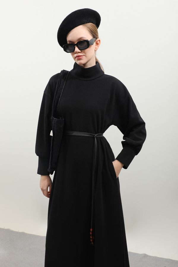 Boğazlı Fitilli Triko Elbise Siyah - 8