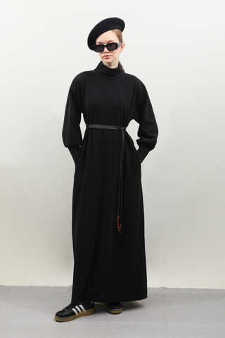 Boğazlı Fitilli Triko Elbise Siyah - 9