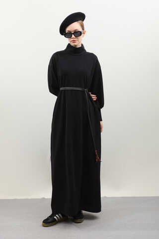 Boğazlı Fitilli Triko Elbise Siyah - 10