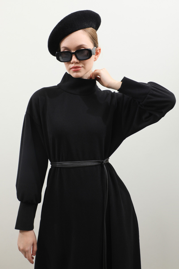 Boğazlı Fitilli Triko Elbise Siyah - 12