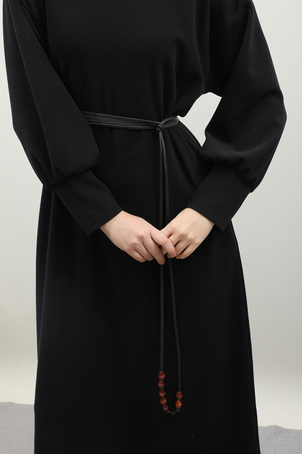 Boğazlı Fitilli Triko Elbise Siyah - 13