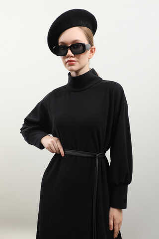 Boğazlı Fitilli Triko Elbise Siyah - 14