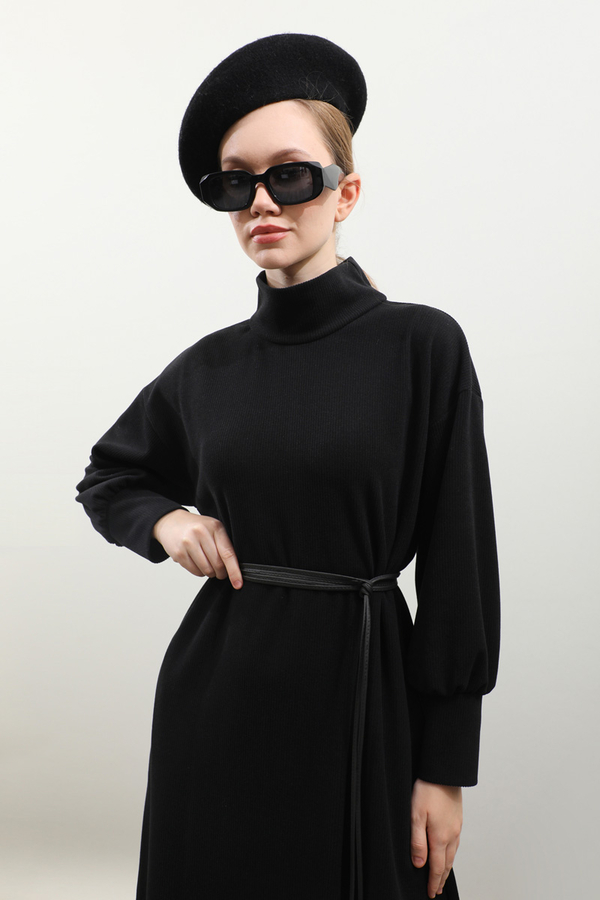 Boğazlı Fitilli Triko Elbise Siyah - 14